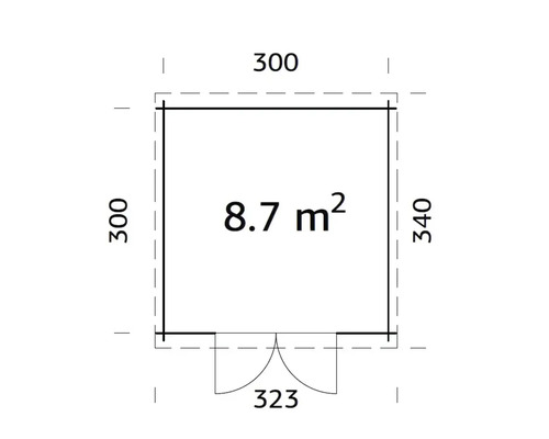 Plan d''un abri de jardin mesurant 300 x 300 x 340 et 323 centimètres, superficie de 8,7 mètres carrés