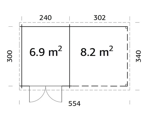 Plan avec des dimensions de 240 sur 300 centimètres et 302 sur 340 centimètres, pièce 1 : 6,9 mètres carrés, pièce 2 : 8,2 mètres carrés