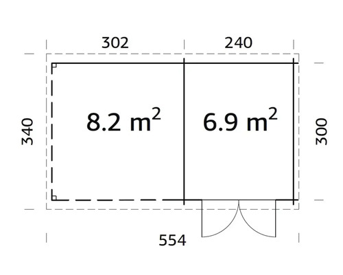 Plan d''un abri de jardin avec des indications de mesure pour les dimensions et les surfaces.