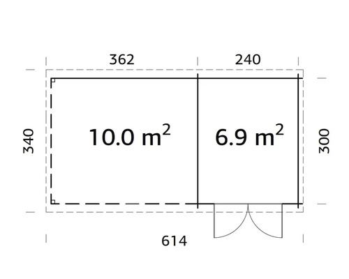 Plan d''un abri de jardin avec indication des surfaces en mètres carrés et des dimensions en centimètres.