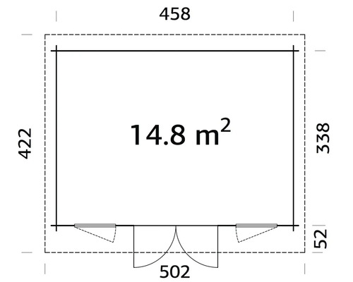 Grundriss mit Maßangaben: 458 x 422 x 338 x 52 cm, Fläche 14,8 m²
