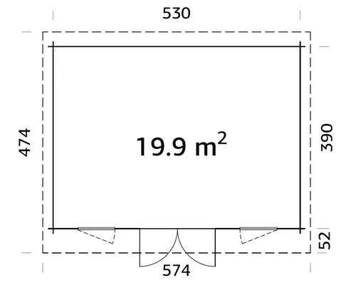Plan d''un abri de jardin mesurant 530 x 474 centimètres et d''une superficie de 19,9 mètres carrés