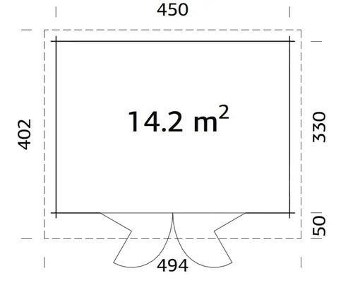 Grundrisszeichnung mit Maßangaben und einer Fläche von 14.2 Quadratmetern