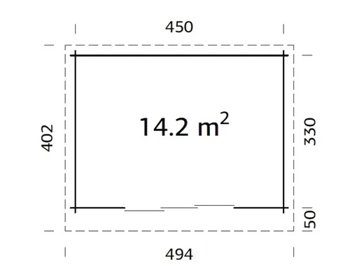 Plan avec dimensions et une superficie de 14.2 mètres carrés.