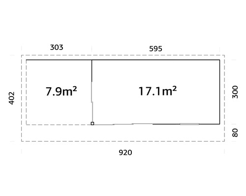 Plan avec indications de dimensions et calcul de surface pour un bâtiment.