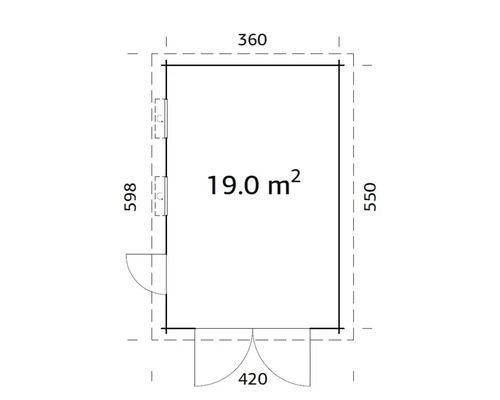 Plan d''un abri de jardin avec les dimensions 360 x 598 x 550 x 420 et une superficie de 19 mètres carrés