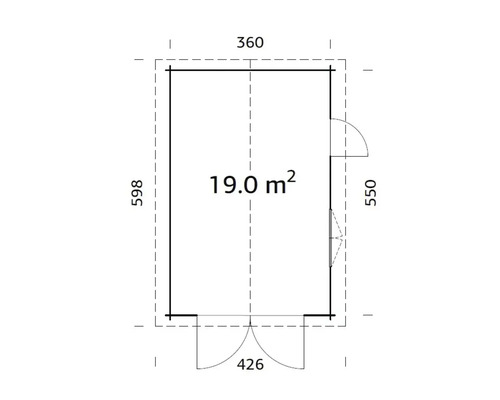 Plan d''un abri de jardin d''une superficie de 19 mètres carrés et indications de dimensions
