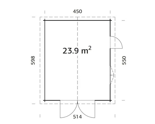 Plan d''un abri de jardin mesurant 450 sur 598 centimètres et d''une superficie de 23,9 mètres carrés.
