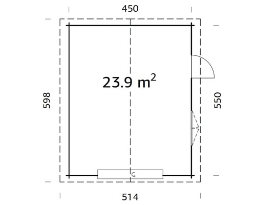 Plan avec dimensions d''un abri de jardin d''une superficie de 23,9 mètres carrés