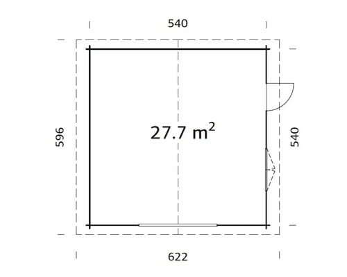 Grundriss eines Gartenhauses mit den Maßen 540 x 622 x 596 Zentimeter und einer Fläche von 27,7 Quadratmetern