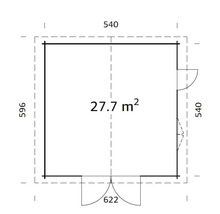 Plan d''un abri de jardin avec dimensions et une superficie de 27,7 mètres carrés.