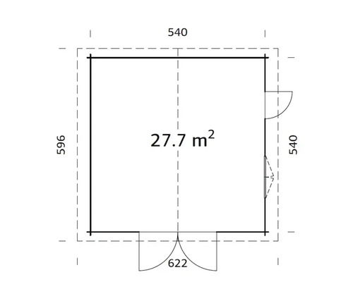 Plan d''un abri de jardin avec dimensions et une superficie de 27,7 mètres carrés.