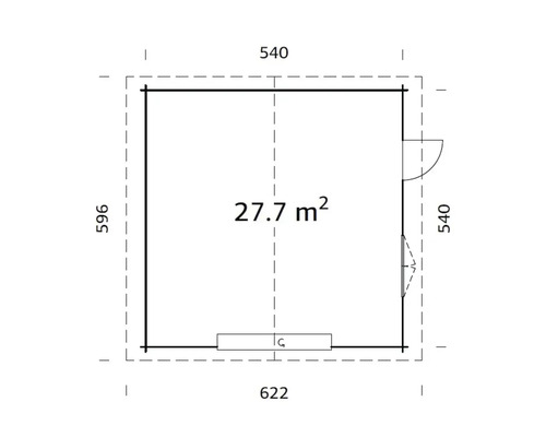 Grundrisszeichnung eines Gartenhauses mit einer Fläche von 27,7 Quadratmetern.