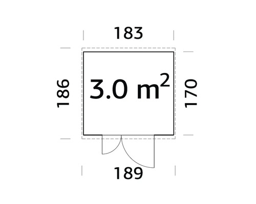 Plan avec les dimensions 183, 186, 170 et 189 et une surface de 3,0 mètres carrés