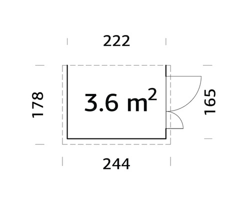 Grundrisszeichnung mit Massangaben: 3,6 Quadratmeter Fläche, 178 Zentimeter Höhe, 222 Zentimeter Breite, 244 Zentimeter Länge und 165 Zentimeter für die Tür.