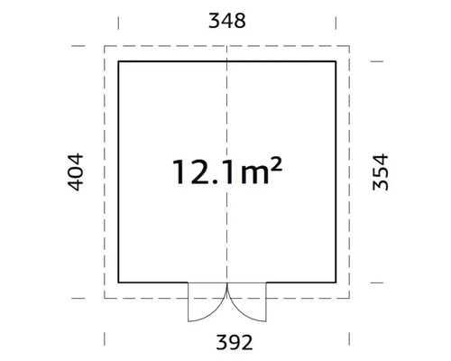 Grundrisszeichnung mit Massangaben und einer Fläche von 12.1 Quadratmetern
