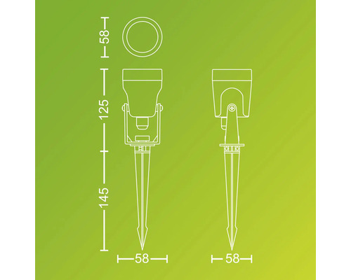 Schéma technique d''un luminaire de jardin avec piquet de terre et indications de dimensions