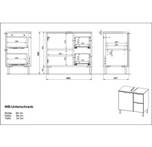 Dessin technique d''un meuble sous-lavabo avec dimensions