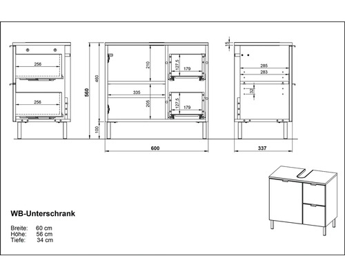Dessin technique de meuble sous-vasque avec indications de dimensions