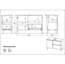 Schéma technique d''un meuble sous-vasque avec dimensions