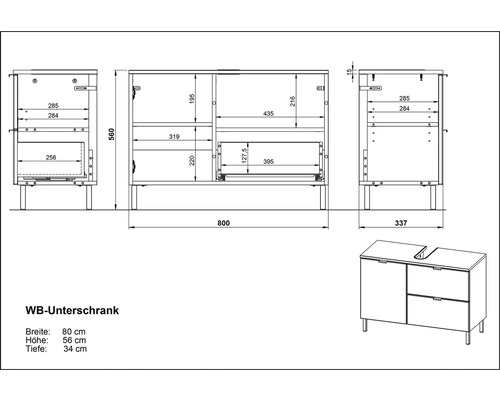 Schéma technique d''un meuble sous-vasque avec dimensions