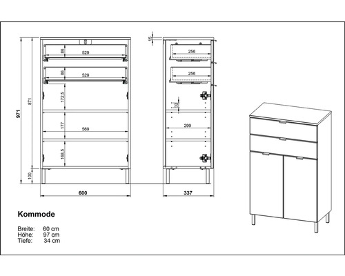 Dessin technique d''une commode avec tiroirs et portes, vues de face et de côté avec dimensions