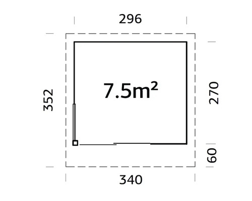 Grundriss eines Gartenhauses mit den Massen 352 mal 296 mal 340 mal 270 und einer Fläche von 7,5 Quadratmetern