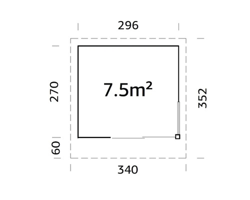 Plan avec dimensions : 296 x 340 x 270 x 352 cm, surface 7,5 m²