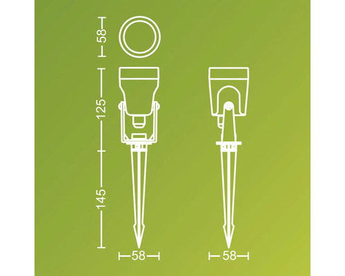Schéma technique d''un luminaire de jardin avec piquet de terre et indications de mesure.