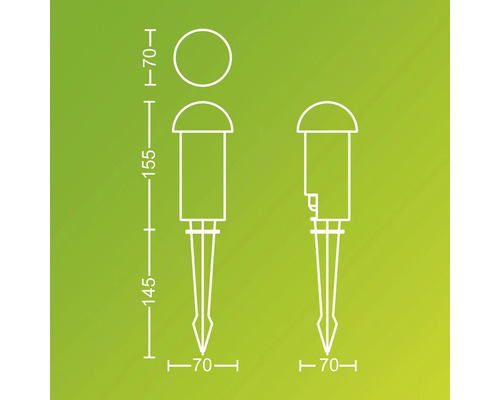 Diagramm einer Gartenleuchte mit Erdspieß und Maßangaben