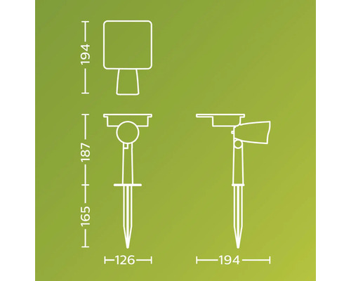 Technische Zeichnung einer Gartenleuchte mit Maßen.