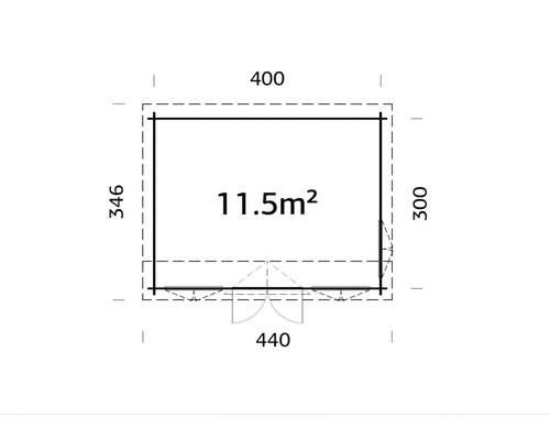 Plan d''un abri de jardin avec des dimensions de 400, 346, 300 et 440 centimètres et une surface de 11,5 mètres carrés.