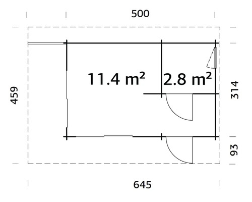 Plan d''un abri de jardin avec indication des surfaces en mètres carrés et des dimensions en centimètres.