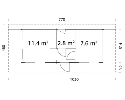 Plan d''un abri de jardin avec indication des surfaces en mètres carrés et des dimensions en millimètres.