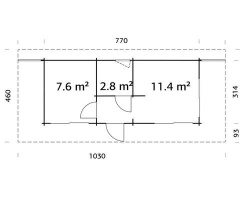 Plan d''un abri de jardin avec indication des dimensions des différentes pièces.