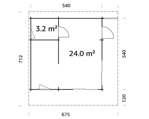 Plan d''un abri de jardin mesurant 675 x 712 x 540 cm et d''une superficie de 24,0 m² et 3,2 m²