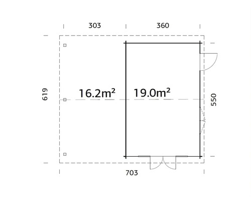 Grundrisszeichnung eines Gartenhauses mit Flächenangaben und Abmessungen