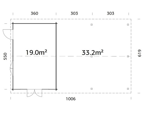 Grundriss eines Gartenhauses mit den Maßen 1006 x 619 cm und einer Fläche von 52,2 Quadratmetern