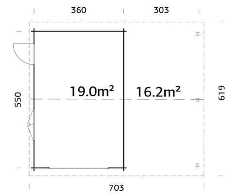 Grundrisszeichnung eines Gartenhauses mit Maßangaben