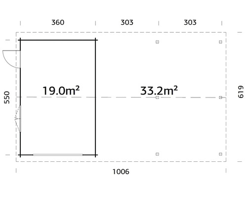 Plan d''un abri de jardin mesurant 1006 x 619 cm, surface de 19,0 m² et 33,2 m²