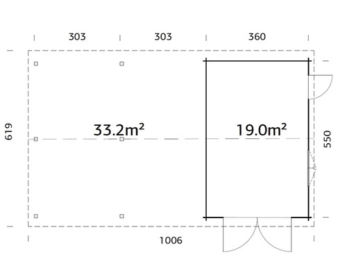 Plan d''un abri de jardin mesurant 1006 x 619 cm et d''une superficie de 33,2 mètres carrés, ainsi qu''une annexe de 19 mètres carrés