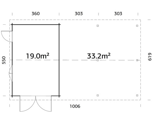 Grundriss eines Gartenhauses mit den Maßen 1006 x 619 cm und einer Fläche von 52,2 Quadratmetern.