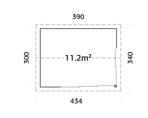 Grundriss mit Massangaben: 300, 340, 390 und 434, Fläche 11.2 m2