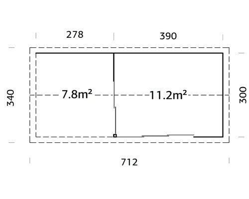 Grundriss eines Gartenhauses mit den Massen 712 x 340 cm, Fläche 7,8 Quadratmeter und 11,2 Quadratmeter