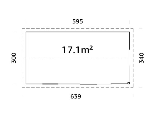 Plan avec dimensions : 595 x 300 centimètres et une superficie de 17,1 mètres carrés