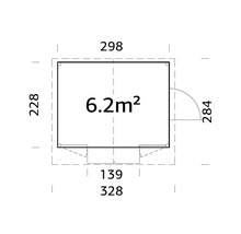 Plan avec dimensions d''une cabane de jardin d''une surface de 6.2 mètres carrés