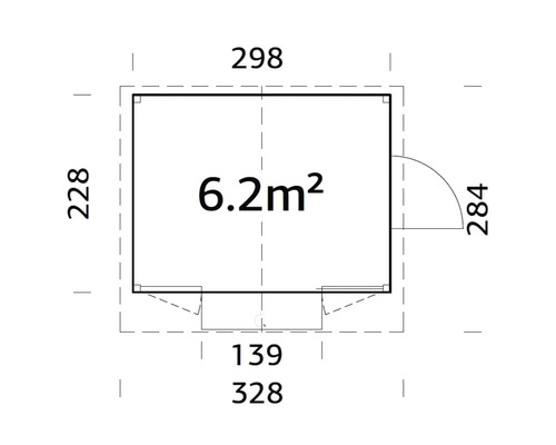 Grundrisszeichnung mit Maßangaben für ein Gartenhaus mit 6.2 Quadratmeter Fläche