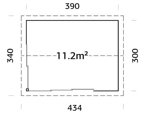 Plan avec des dimensions de 390 par 300 par 434 par 340 et une surface de 11,2 mètres carrés
