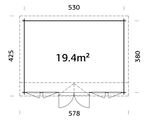 Plan d''un abri de jardin avec les dimensions 530 x 425 x 380 x 578 et une superficie de 19.4 mètres carrés