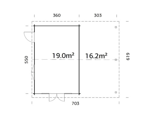 Plan d''un abri de jardin mesurant 703 x 619 cm et d''une superficie de 19 mètres carrés et 16,2 mètres carrés